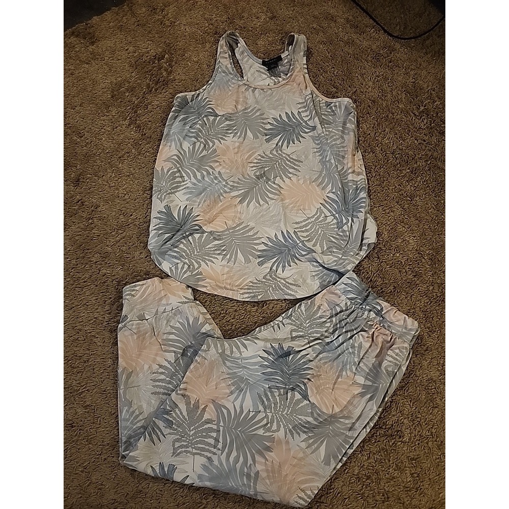 TAHARI Pajama Set Palm Tank Top Pants 2 Piece PJ Loungewear Pink Blue Size Med